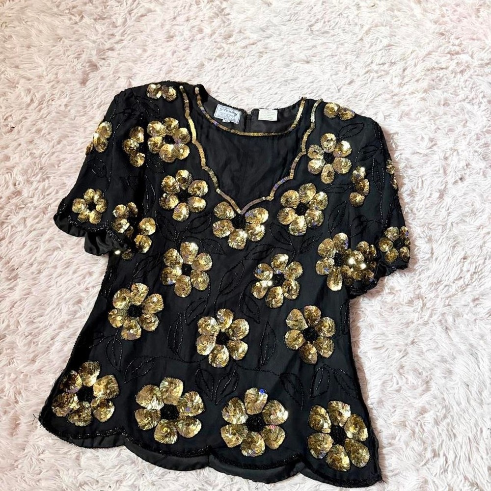 100% Silk Vintage 80s Glamour Old Hollywood Sequin Floral Top Womens M Statement